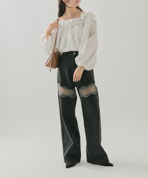 mystic（ミスティック）の「【ウエスト調整可能！】レース切替デニム