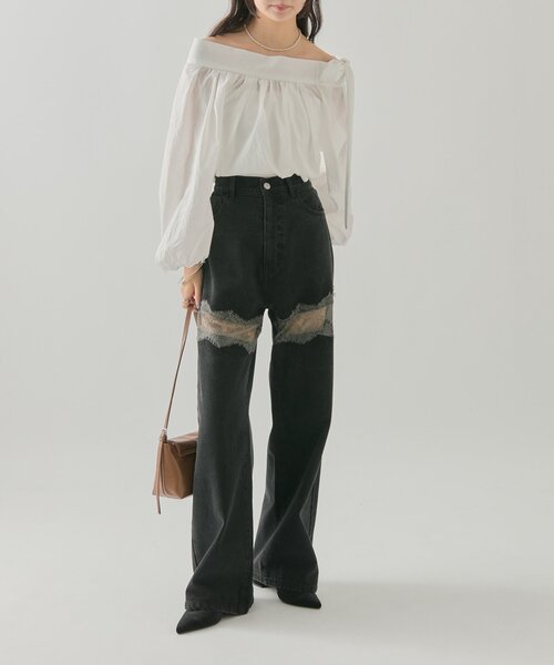 ウエスト調整可能！】レース切替デニム（デニムパンツ）｜mystic