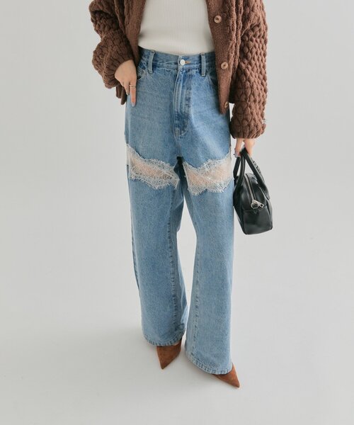 mysticレース切り替えデニム　サイズ2 本日限定価格☆mystic レース切り替えデニム サイズ2