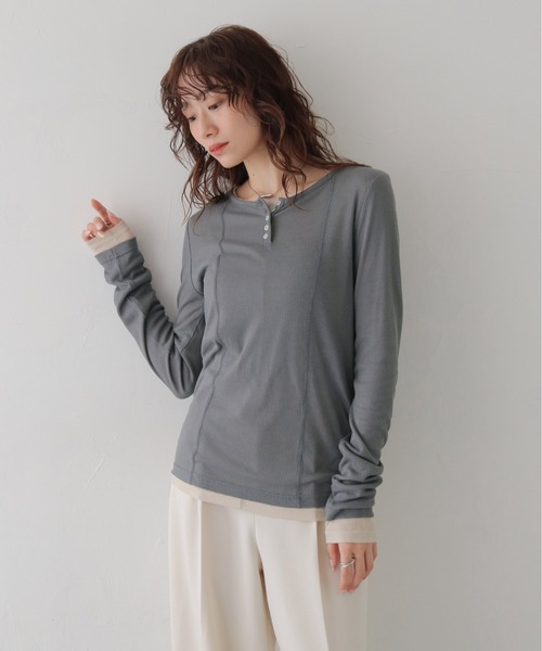 CLEIO（クレイオ）の「【CLEIO】２ピースヘンリーネックセミシアートップス 2-PIECE HENLEY NECK SEMI-SHEER TOP/980-14615（Tシャツ/カットソー・レディース・チャコール/ブラウン・FREE）」の11枚目の写真