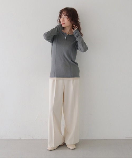 CLEIO（クレイオ）の「【CLEIO】２ピースヘンリーネックセミシアートップス 2-PIECE HENLEY NECK SEMI-SHEER TOP/980-14615（Tシャツ/カットソー・レディース・チャコール/ブラウン・FREE）」の18枚目の写真