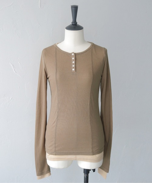 CLEIO（クレイオ）の「【CLEIO】２ピースヘンリーネックセミシアートップス 2-PIECE HENLEY NECK SEMI-SHEER TOP/980-14615（Tシャツ/カットソー・レディース・チャコール/ブラウン・FREE）」の6枚目の写真