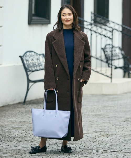 LACOSTE 黒　ウール ピーコート　ダブルブレスト　52/5 セール】ダブルブレストバージンウールロングコート（チェスターコート