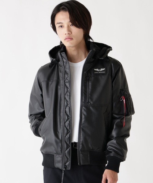 Alpha Industries(アルファインダストリーズ)の「Alpha Industries/アルファ インダストリーズ/FAUX LEATHER HOODED RIB FLIGHT JACKET/フォーレザー フード リブ フライトジャケット(ブルゾン・メンズ・ブラック/カーキ・L/M/2XL/XL)」の2枚目の写真