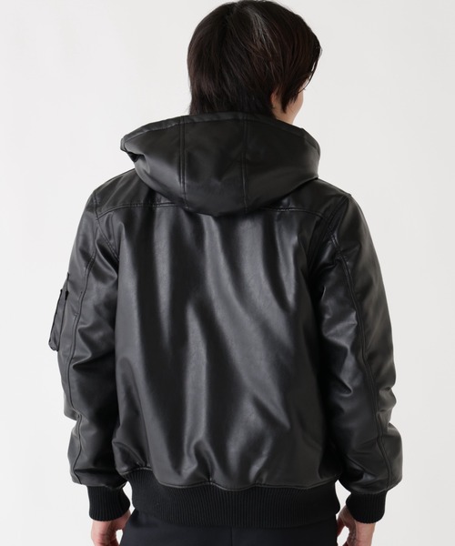 Alpha Industries(アルファインダストリーズ)の「Alpha Industries/アルファ インダストリーズ/FAUX LEATHER HOODED RIB FLIGHT JACKET/フォーレザー フード リブ フライトジャケット(ブルゾン・メンズ・ブラック/カーキ・L/M/2XL/XL)」の3枚目の写真