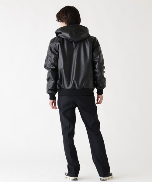 Alpha Industries(アルファインダストリーズ)の「Alpha Industries/アルファ インダストリーズ/FAUX LEATHER HOODED RIB FLIGHT JACKET/フォーレザー フード リブ フライトジャケット(ブルゾン・メンズ・ブラック/カーキ・L/M/2XL/XL)」の15枚目の写真