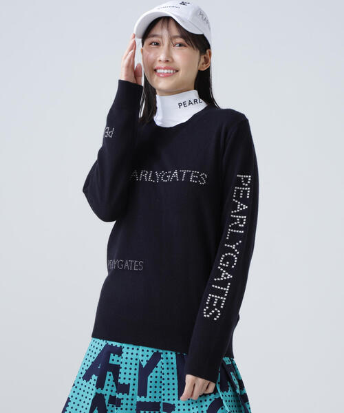 PEARLY GATES(パーリーゲイツ)の「12G部分ジャガードカシミヤ100クルーネックニットプルオーバー(ニット/セーター・レディース・ネイビー/グレー系その他・SMALL/MEDIUM)」の2枚目の写真