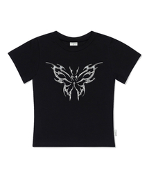 メタルバタフライプリントスリムフィット半袖Tシャツブラック