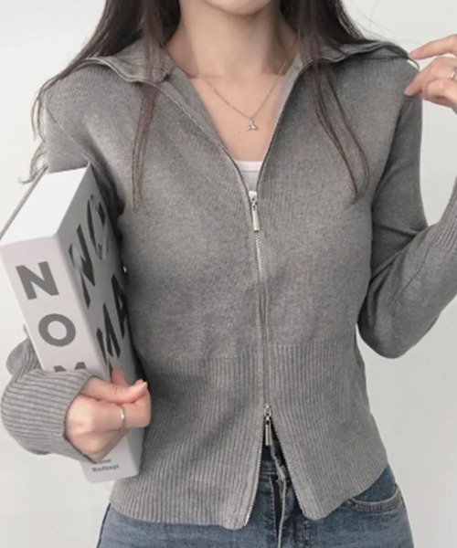 セール】ダブルジップ リブニット カーディガン（ニット/セーター