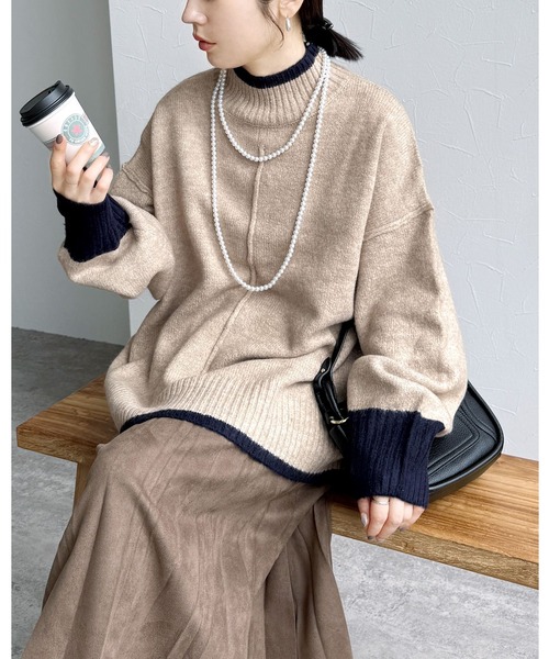 reca(レカ)の「配色ラインパイピングドルマンニット(ニット/セーター・レディース・ベージュ/チャコールグレー/グレー系その他・FREE)」の3枚目の写真