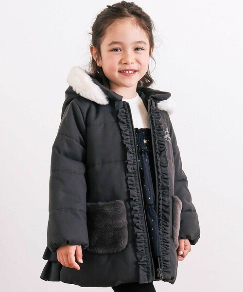 セール】ふわふわファーポケットフリルたっぷり中綿ロングコート(90