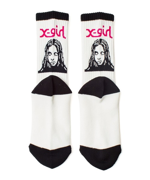 X-girl(エックスガール)の「FACE JACQUARD RIBBED SOCKS(ソックス/靴下・レディース・ホワイト/ブラック・ONE SIZE)」の1枚目の写真