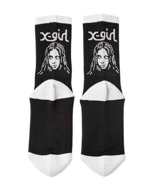 X-girl(エックスガール)の「FACE JACQUARD RIBBED SOCKS(ソックス/靴下・レディース・ホワイト/ブラック・ONE SIZE)」の2枚目の写真