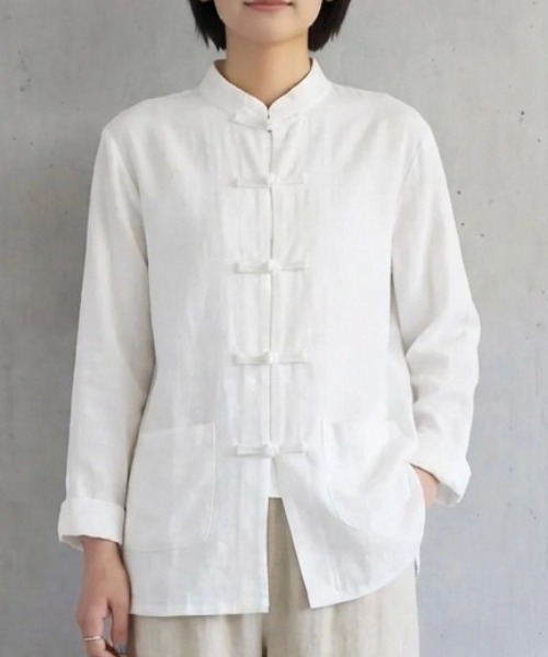 cammie(キャミー)の「チャイナボタンデザインシャツ(シャツ/ブラウス・レディース・ホワイト/ブラック・M/L)」の2枚目の写真