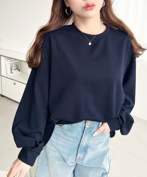 moment+（モーメントプラス）の「しわになりにくい長袖ストレッチジョーゼットTブラウス（Tシャツ/カットソー・レディース・ブラック/ネイビー/オフホワイト・M/L）」の3枚目の写真