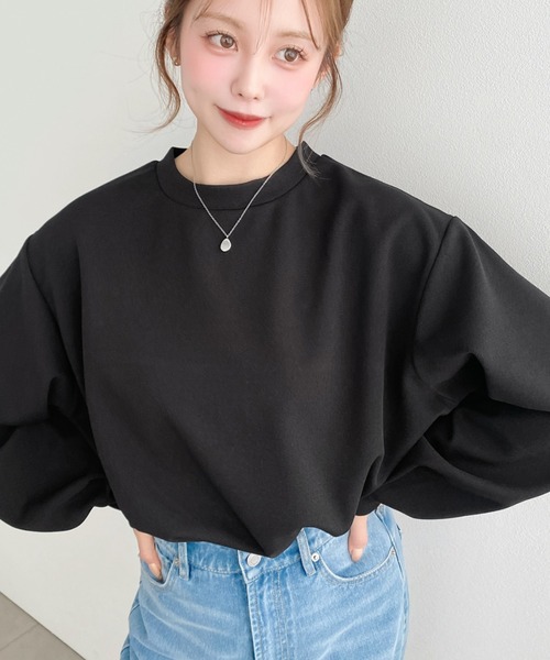 moment+（モーメントプラス）の「しわになりにくい長袖ストレッチジョーゼットTブラウス（Tシャツ/カットソー・レディース・ブラック/ネイビー/オフホワイト・M/L）」の9枚目の写真
