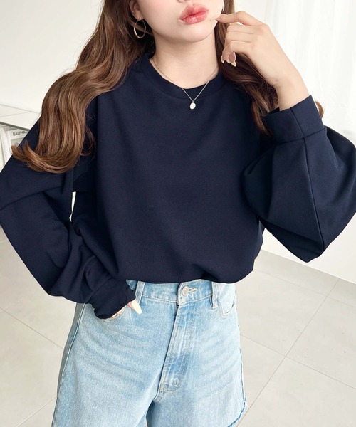 moment+（モーメントプラス）の「しわになりにくい長袖ストレッチジョーゼットTブラウス（Tシャツ/カットソー・レディース・ブラック/ネイビー/オフホワイト・M/L）」の7枚目の写真