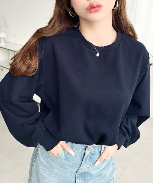 moment+（モーメントプラス）の「しわになりにくい長袖ストレッチジョーゼットTブラウス（Tシャツ/カットソー・レディース・ブラック/ネイビー/オフホワイト・M/L）」の6枚目の写真