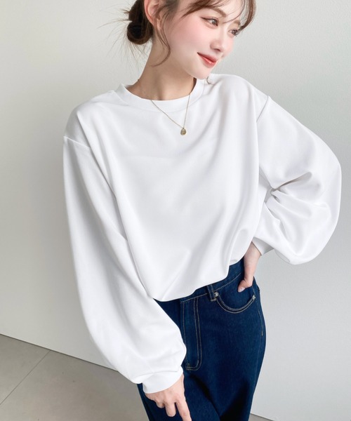 moment+（モーメントプラス）の「しわになりにくい長袖ストレッチジョーゼットTブラウス（Tシャツ/カットソー・レディース・ブラック/ネイビー/オフホワイト・M/L）」の21枚目の写真