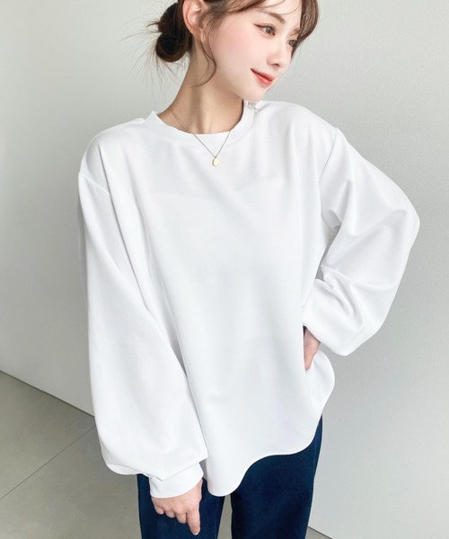 moment+（モーメントプラス）の「しわになりにくい長袖ストレッチジョーゼットTブラウス（Tシャツ/カットソー・レディース・ブラック/ネイビー/オフホワイト・M/L）」の5枚目の写真