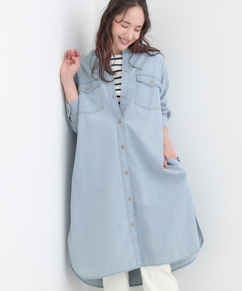 SHOO・LA・RUE(シューラルー)の「【ライトオンスデニム/S-LL】体型カバーにも ロングデニムシャツワンピース(ワンピース・レディース・ブラック/ライトブルー/ブルー系その他・02/01/04/03)」の2枚目の写真