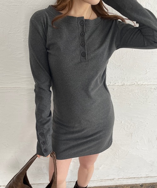 ROGER AND RAW（ロジャーアンドロウ）の「ヘンリーネック長袖ミニワンピース（ワンピース・レディース・ブラウン/チャコールグレー・FREE）」の12枚目の写真