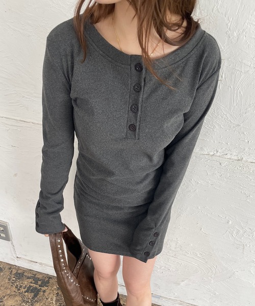 ROGER AND RAW（ロジャーアンドロウ）の「ヘンリーネック長袖ミニワンピース（ワンピース・レディース・ブラウン/チャコールグレー・FREE）」の13枚目の写真