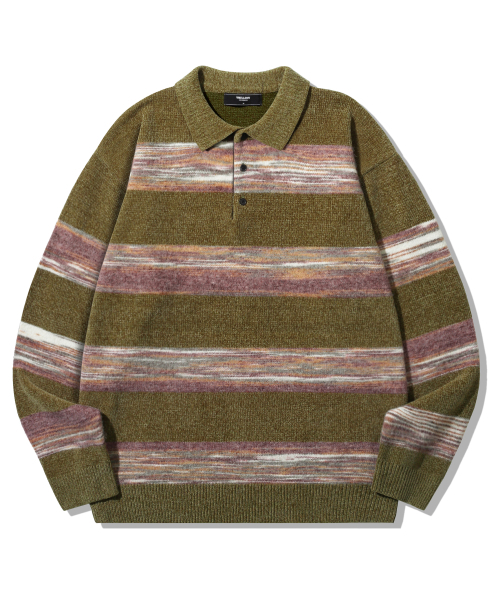 セール】グラデーションストライプベルベットカラー ニット_カーキ