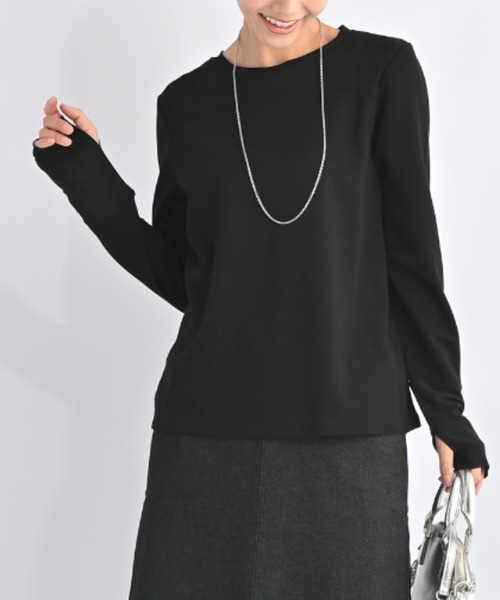 aunt lily(アントリリー)の「チュールコンビラウンドネックプルオーバー レイヤード 透け感 サムホール 指だし インナー(Tシャツ/カットソー・レディース・ブラック/オフホワイト・M/3L/LL/L/S)」の2枚目の写真