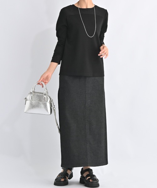 aunt lily(アントリリー)の「チュールコンビラウンドネックプルオーバー レイヤード 透け感 サムホール 指だし インナー(Tシャツ/カットソー・レディース・ブラック/オフホワイト・M/3L/LL/L/S)」の10枚目の写真