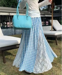 レースパッチワークロングスカートチェック柄スカート