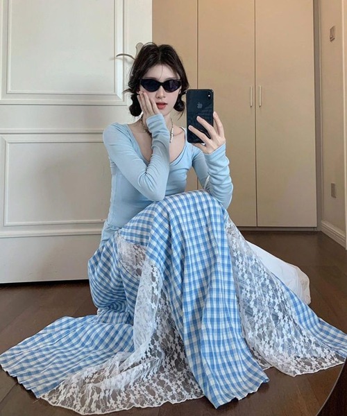 AsheKsha(アシクシャ)の「レースパッチワークロングスカートチェック柄スカート(スカート・レディース・ブルー・F)」の10枚目の写真