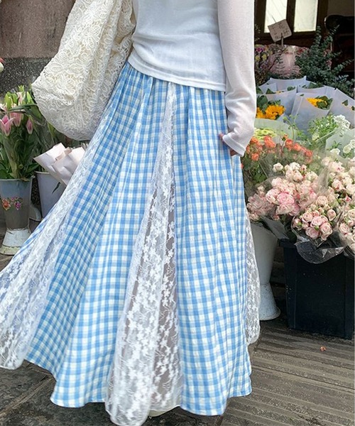 AsheKsha(アシクシャ)の「レースパッチワークロングスカートチェック柄スカート(スカート・レディース・ブルー・F)」の2枚目の写真