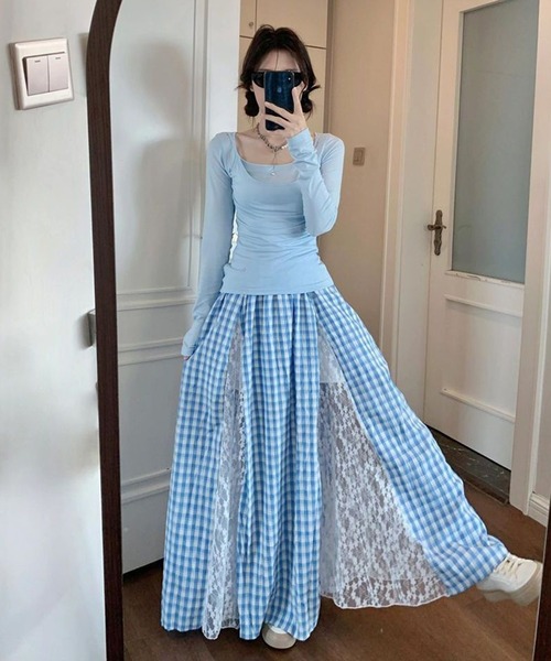 AsheKsha(アシクシャ)の「レースパッチワークロングスカートチェック柄スカート(スカート・レディース・ブルー・F)」の6枚目の写真