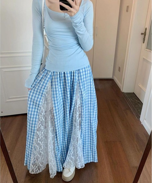 AsheKsha(アシクシャ)の「レースパッチワークロングスカートチェック柄スカート(スカート・レディース・ブルー・F)」の11枚目の写真