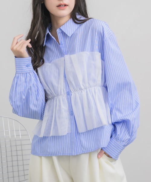 RETRO GIRL(レトロガール)の「チュールドッキングSH(シャツ/ブラウス・レディース・ライトグレー/オフホワイト/ブルー系その他・FREE)」の1枚目の写真