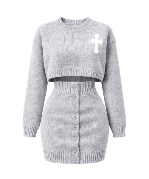 tinkerend(ティンカーエンド)の「Cross Knit Set-up / クロスニットセットアップ 2点セット(ニット/セーター・レディース・ブラック/ライトグレー・FREE)」の4枚目の写真
