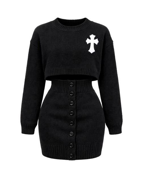 tinkerend(ティンカーエンド)の「Cross Knit Set-up / クロスニットセットアップ 2点セット(ニット/セーター・レディース・ブラック/ライトグレー・FREE)」の3枚目の写真