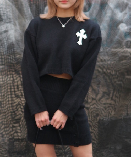 tinkerend(ティンカーエンド)の「Cross Knit Set-up / クロスニットセットアップ 2点セット(ニット/セーター・レディース・ブラック/ライトグレー・FREE)」の5枚目の写真