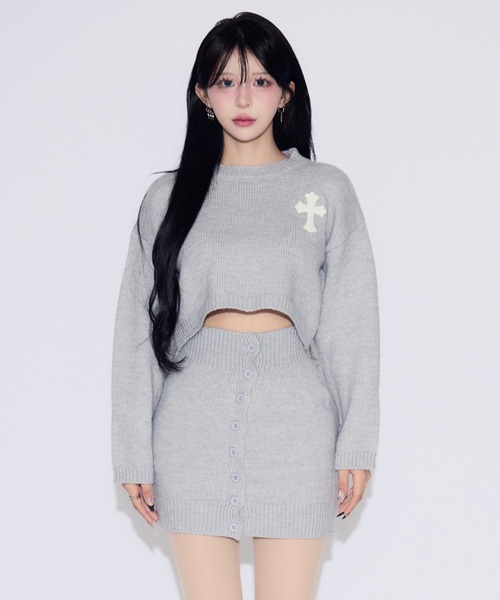 tinkerend(ティンカーエンド)の「Cross Knit Set-up / クロスニットセットアップ 2点セット(ニット/セーター・レディース・ブラック/ライトグレー・FREE)」の13枚目の写真