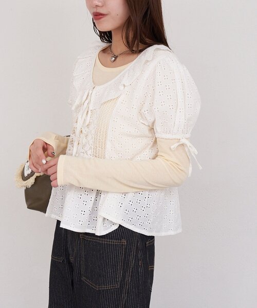CIAOPANIC(チャオパニック)の「【She desires…】レースアップパフスリーブブラウス(シャツ/ブラウス・レディース・ホワイト・ONE SIZE)」の4枚目の写真