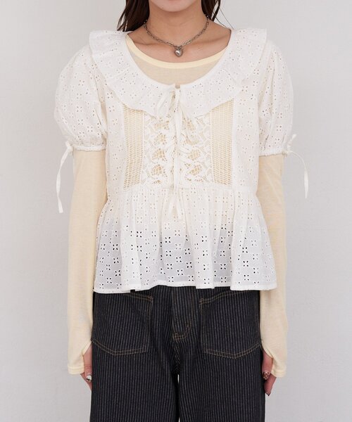 CIAOPANIC(チャオパニック)の「【She desires…】レースアップパフスリーブブラウス(シャツ/ブラウス・レディース・ホワイト・ONE SIZE)」の13枚目の写真
