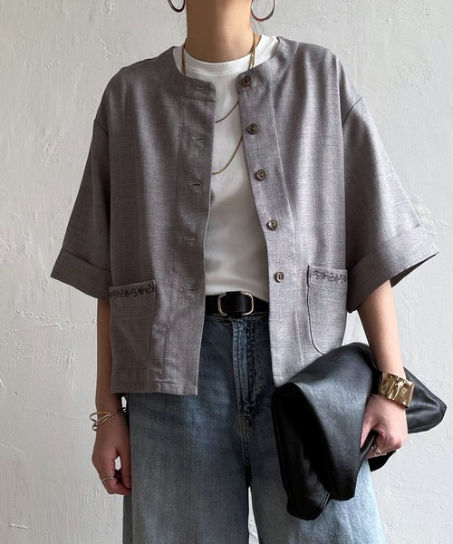 LBC(エルビーシー)の「エクリュハーフスリーブジャケット(テーラードジャケット・レディース・ベージュ/グレー・M/L)」の7枚目の写真