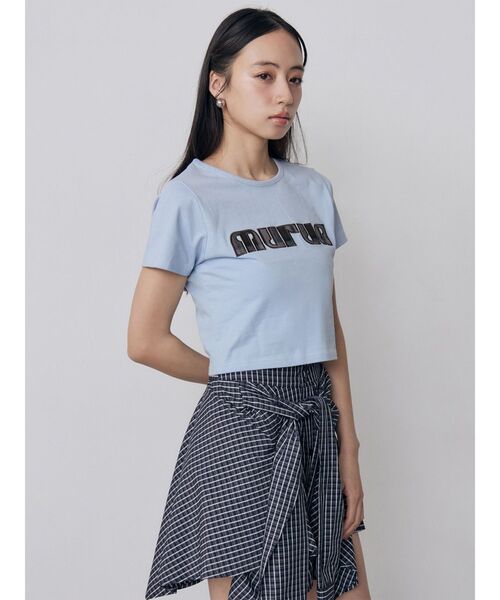 MURUA(ムルーア)の「パターンロゴパッチTシャツ 夏服(Tシャツ/カットソー・レディース・ブラック/ブルー/ピンク/ホワイト・FREE)」の5枚目の写真