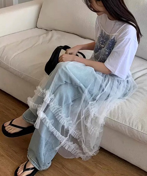 shopnikoniko(ショップニコニコ)の「ワンピース 夏 ロング丈 ダブルフリル チュール レイヤード キャミワンピース(ワンピース・レディース・ホワイト・フリー)」の1枚目の写真