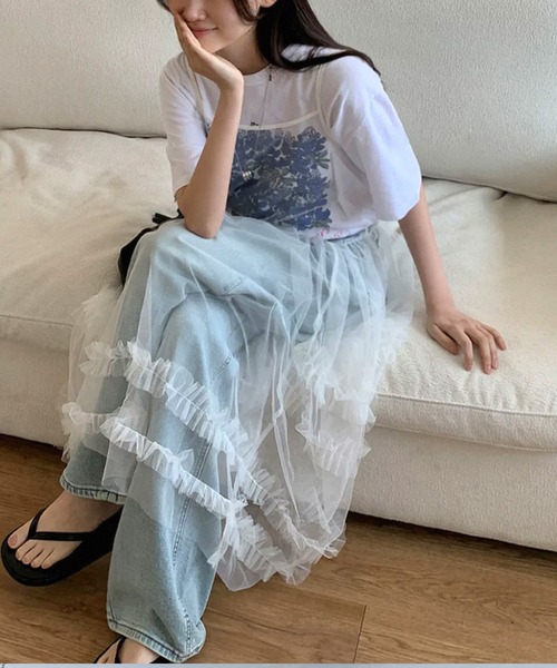 shopnikoniko(ショップニコニコ)の「ワンピース 夏 ロング丈 ダブルフリル チュール レイヤード キャミワンピース(ワンピース・レディース・ホワイト・フリー)」の5枚目の写真