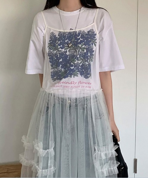 shopnikoniko(ショップニコニコ)の「ワンピース 夏 ロング丈 ダブルフリル チュール レイヤード キャミワンピース(ワンピース・レディース・ホワイト・フリー)」の6枚目の写真