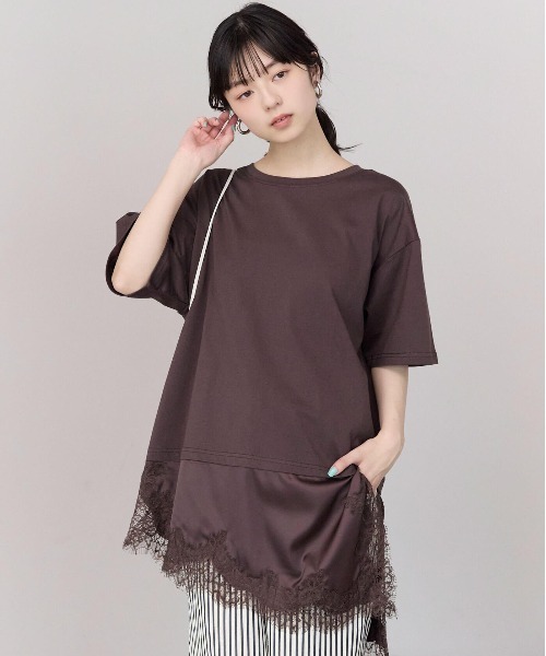 pocket(ポケット)の「レースドッキングTシャツ(Tシャツ/カットソー・レディース・ブラウン/ブラック/オフホワイト・FREE)」の3枚目の写真