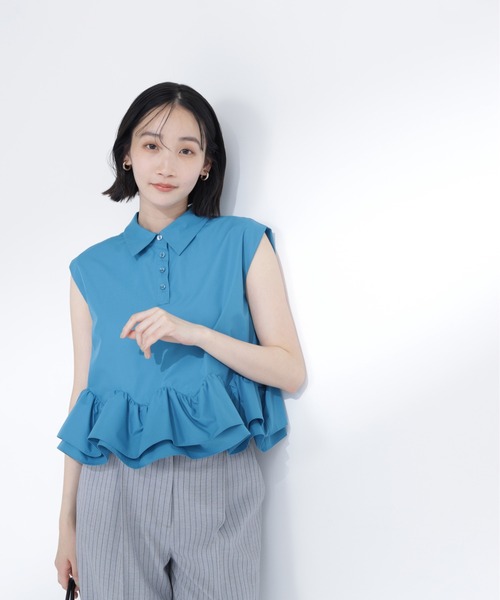 NATURAL BEAUTY BASIC（ナチュラルビューティーベーシック）の「ヘムフリルシャツブラウス（シャツ/ブラウス・レディース・ネイビー/ブルー系その他/ベージュ・ﾌﾘ-）」の4枚目の写真