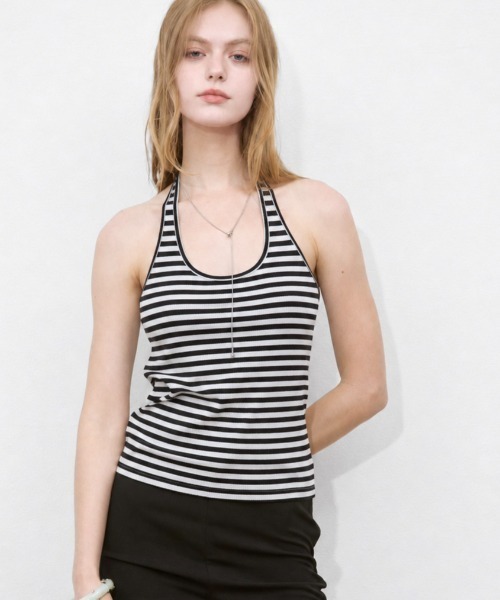 Rohwel(ローウェル)の「Border Cup-in Halter Neck Tank / ボーダーカップインホルターネックタンク(タンクトップ・レディース・ホワイト/グレー・FREE)」の2枚目の写真